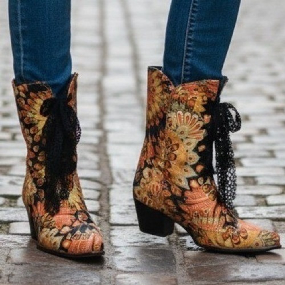 Peacock Feather Print Lace Up Ankle Boots Pointed Toe Block Heel Boho Size 43